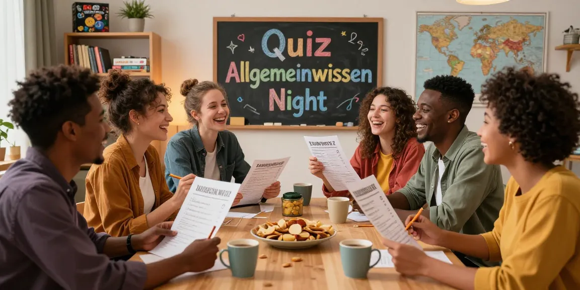 Freunde bei einem Quiz Allgemeinwissen-Abend, lachend und diskutierend, mit Snacks und Quizbögen in einem gemütlichen Wohnzimmer.