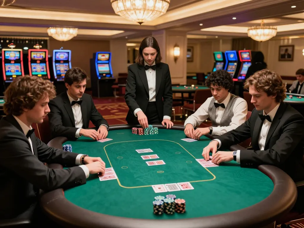 79King poker players strategizing at a high-stakes table in a luxurious casino atmosphere.