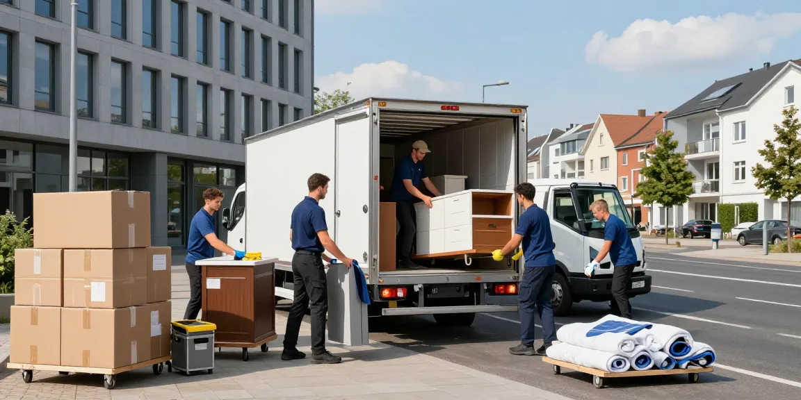 Professionelles Umzugsunternehmen Darmstadt beim sicheren Transport von Möbeln und Kartons in einer urbanen Umgebung.