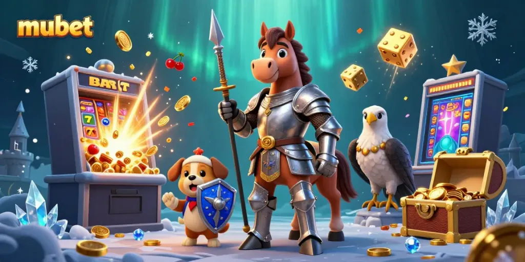 Experience the thrilling jackpot excitement at Mubet with knights, horses, and a vibrant casino environment.
