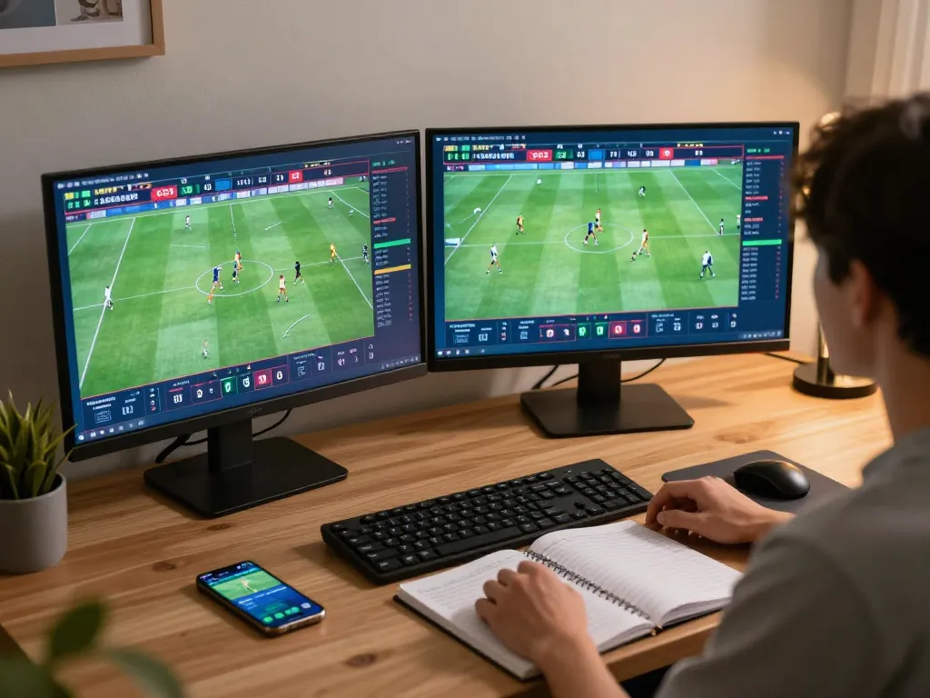 Kết quả bóng đá displayed on multiple screens in a home betting setup, emphasizing real-time sports engagement.