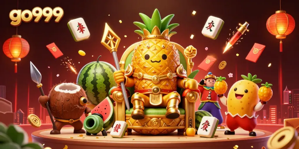 Spin the lucky odds at go999 with a vibrant beach casino scene featuring a pineapple king...