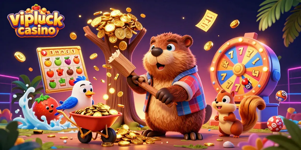 Experience excitement with the vipluck casino characters surrounded by vibrant gambling elements and golden rewards.