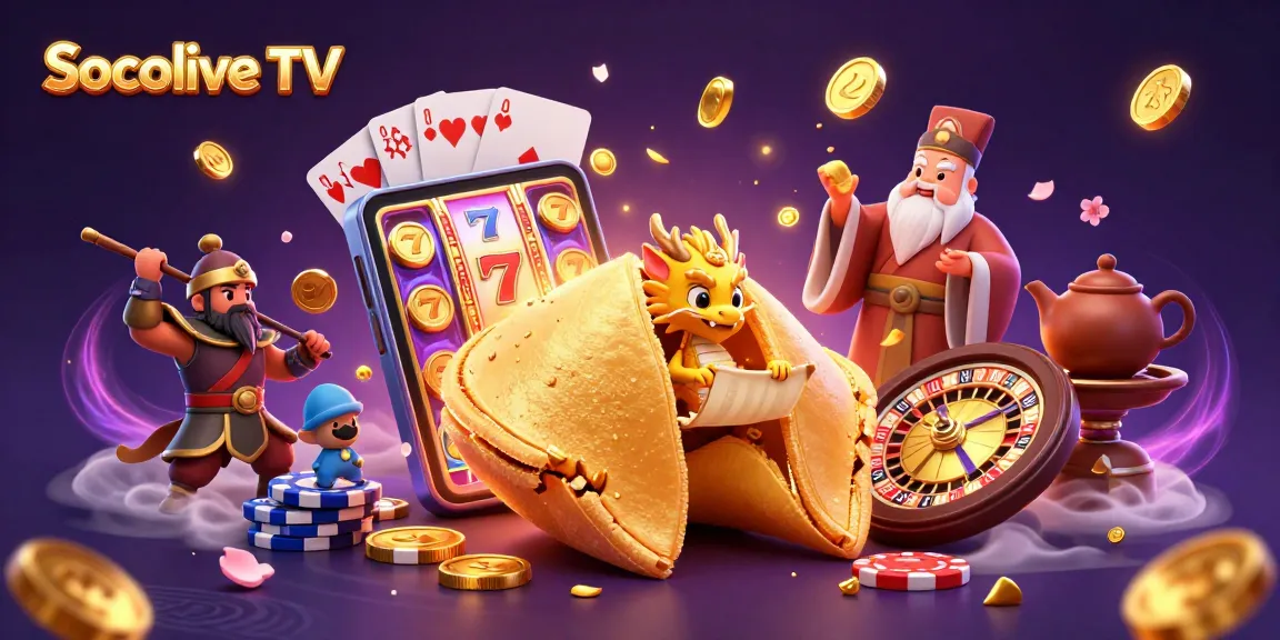 Socolive TV offers immersive slot gaming experiences with animated scenes featuring a golden fortune cookie and vibrant game elements.