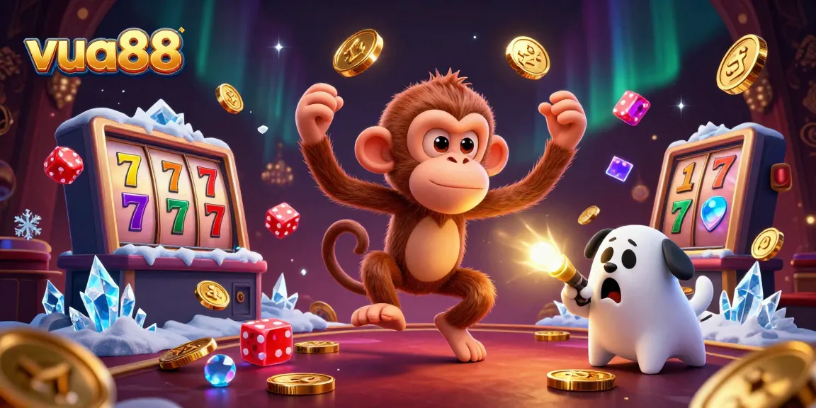 Experience the excitement of casino gaming at vua88 with a playful poltergeist monkey and a curious puppy in a vibrant scene.