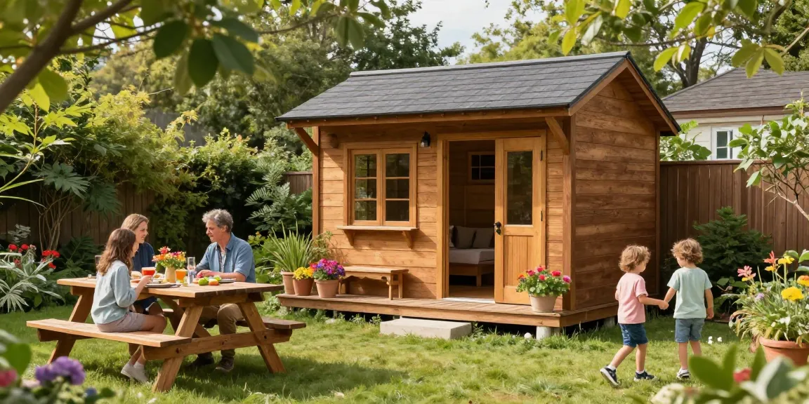 Gartenhäuser aus Holz umgeben von blühender Natur, ideal für Familien-Picknicks.