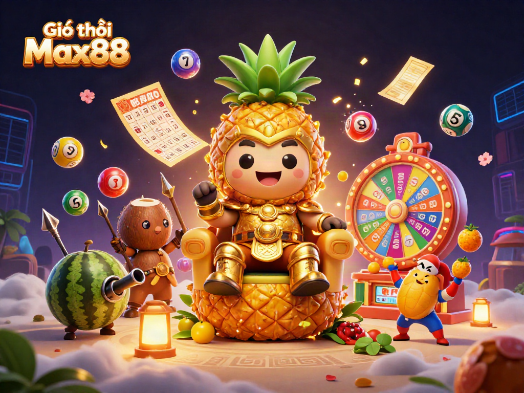 Giới thiệu Max88 showcases a vibrant casino scene with a golden pineapple king and dynamic gaming elements.