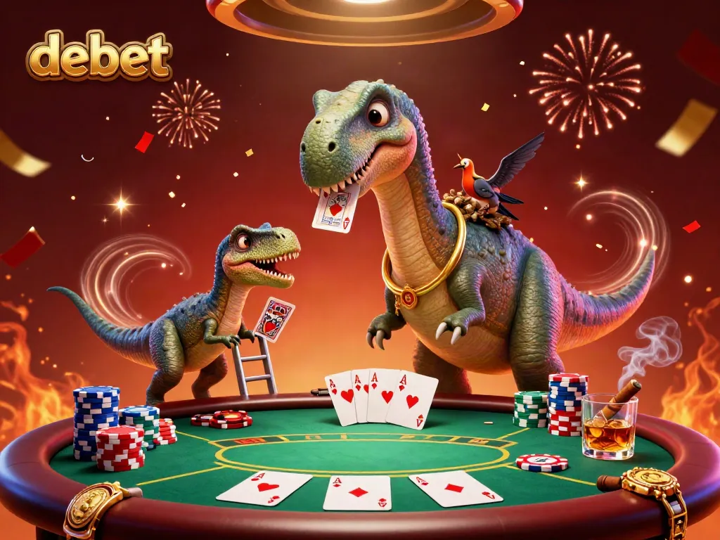 Experience the thrill of debet gaming with a dynamic scene featuring a tall cartoon brontosaurus and clever raptor dealing cards.
