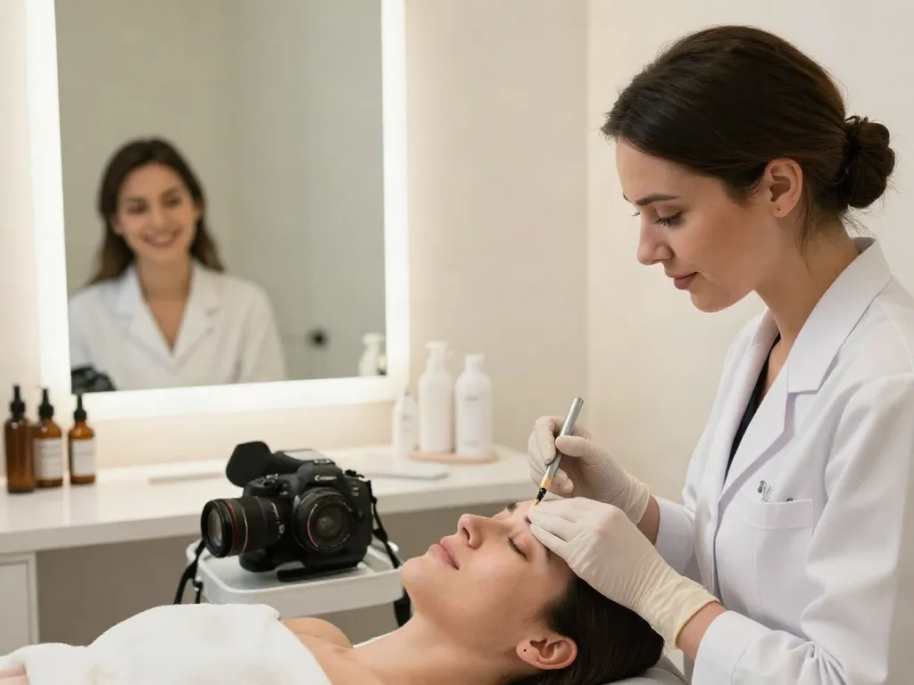 Augenringe entfernen mit CCeye®-Behandlung in modernem Schönheitssalon, lächelnder Kunde.