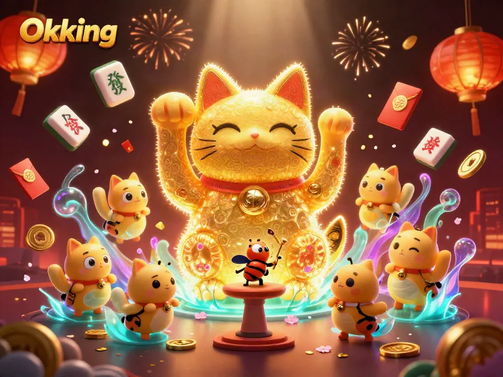 Experience winning moments at Okking with golden fireflies and lucky symbols illuminating the casino atmosphere.