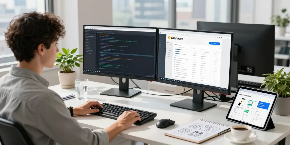 Shopware-Freelancer arbeitet konzentriert in einem hellen Büro mit zwei Monitoren.