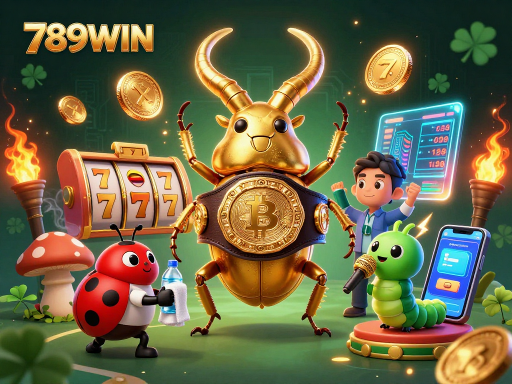 Engage with 789WIN's vibrant gaming atmosphere featuring a giant beetle champion and blockchain elements.