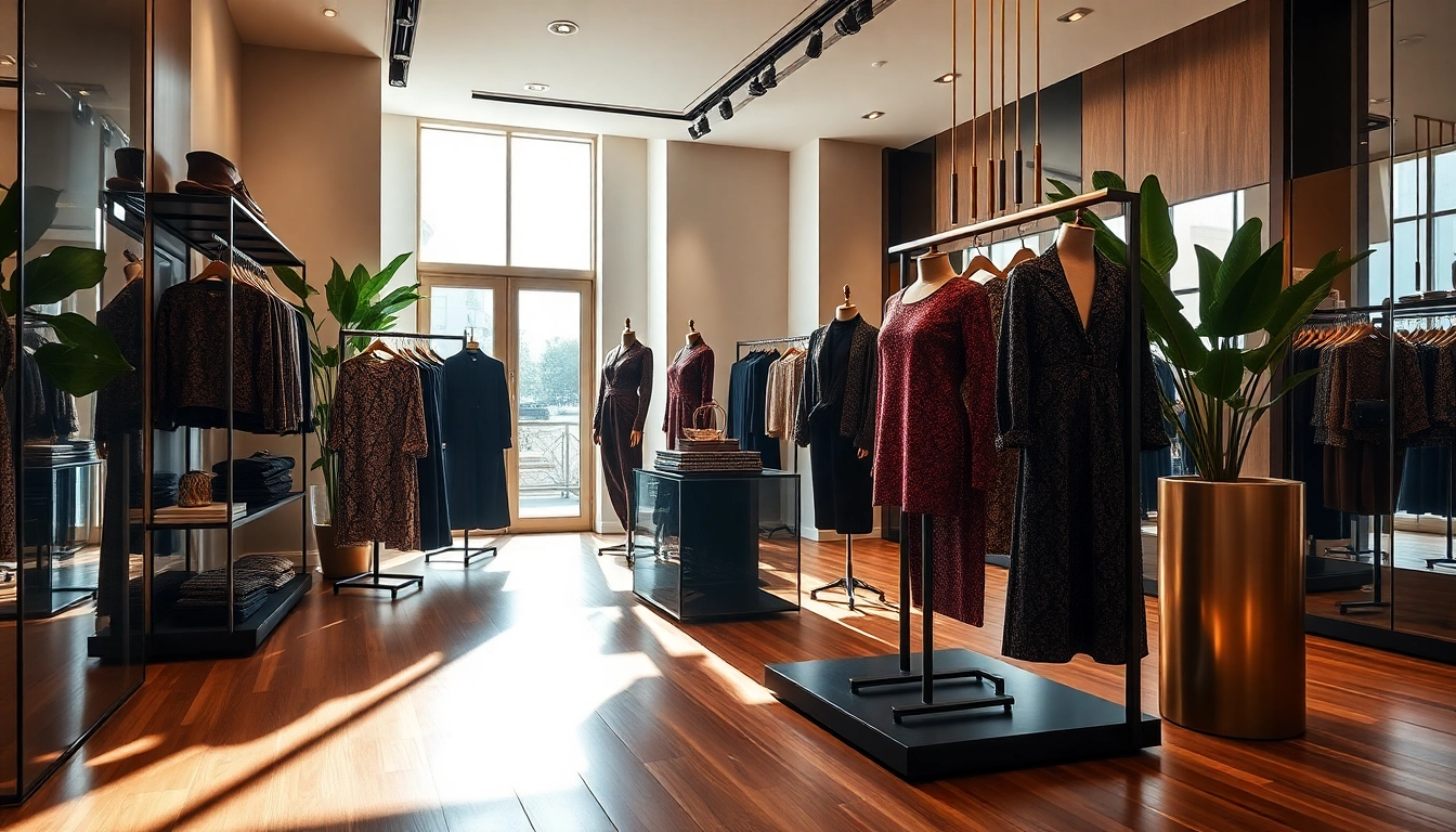 Showcase of Alvionz luxury fashion in a chic boutique with elegant decor.