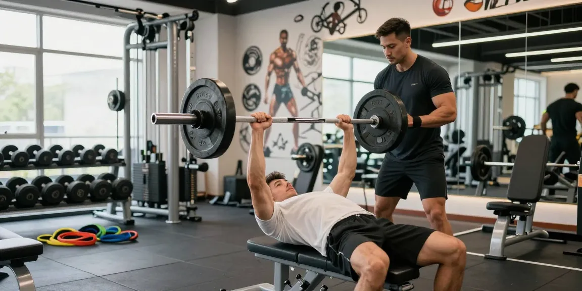 Bodybuilder im Anabolika Shop während des Trainings mit Fitnessgeräten und motivierender Atmosphäre