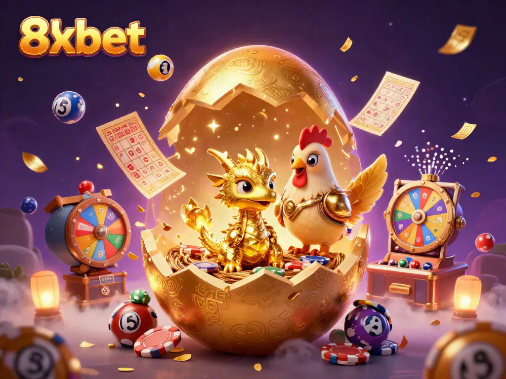 Engage with 8xbet's thrilling golden dragon and poker chip adventure at this vibrant casino scene.