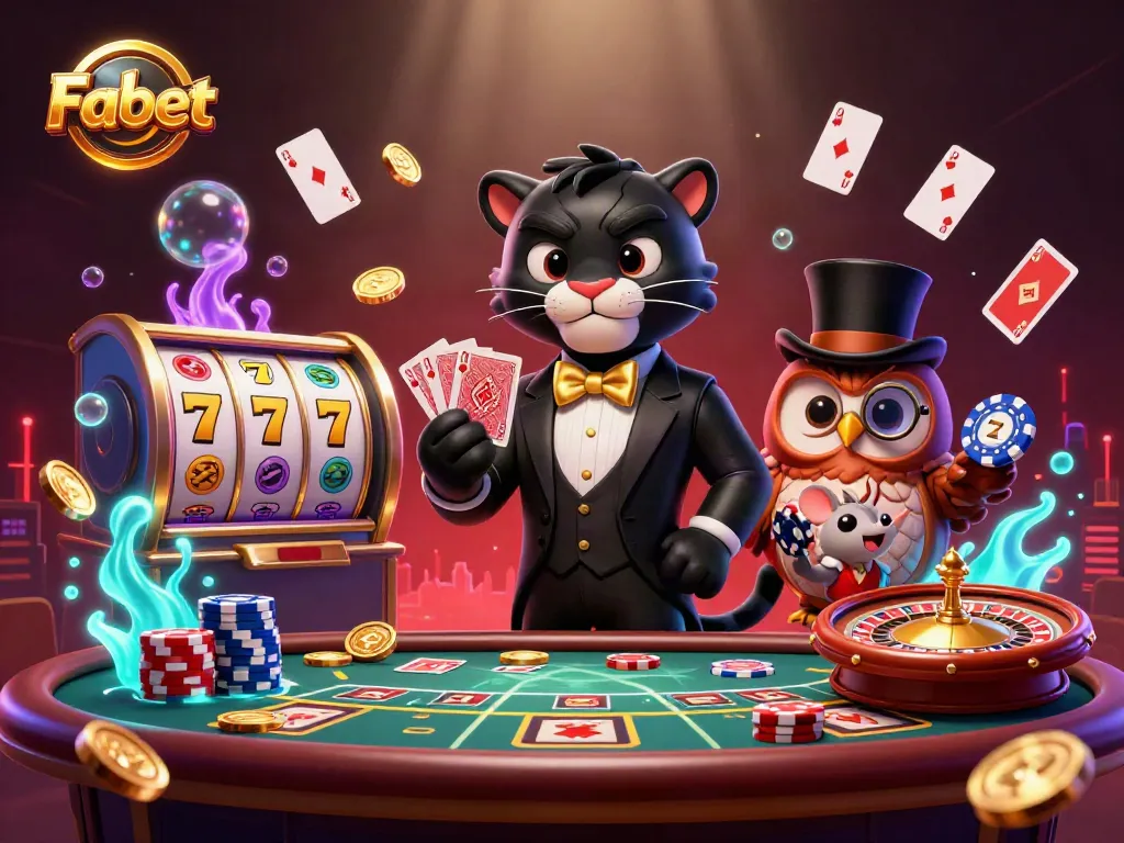 Fabet showcases a stylish gambling scene with a tuxedoed panther, poker elements, and vibrant casino symbols.