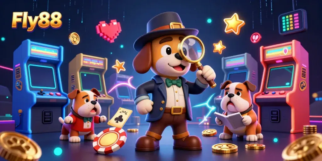 Fly88 casino adventure featuring a detective dog investigating a poker chip clue in a vibrant arcade setting