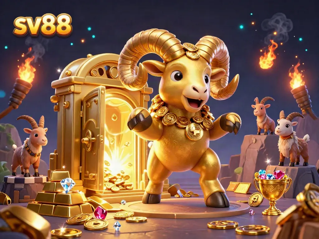 Engage with sv88's vibrant gaming world highlighted by a golden ram among treasures.