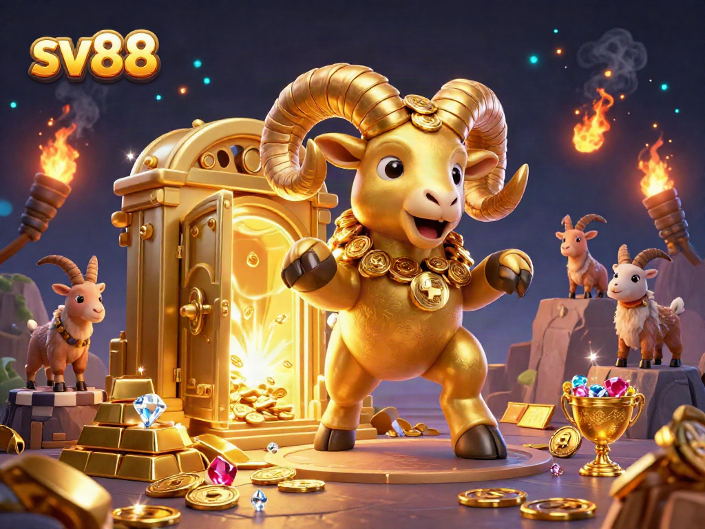 Engage with sv88's vibrant gaming world highlighted by a golden ram among treasures.