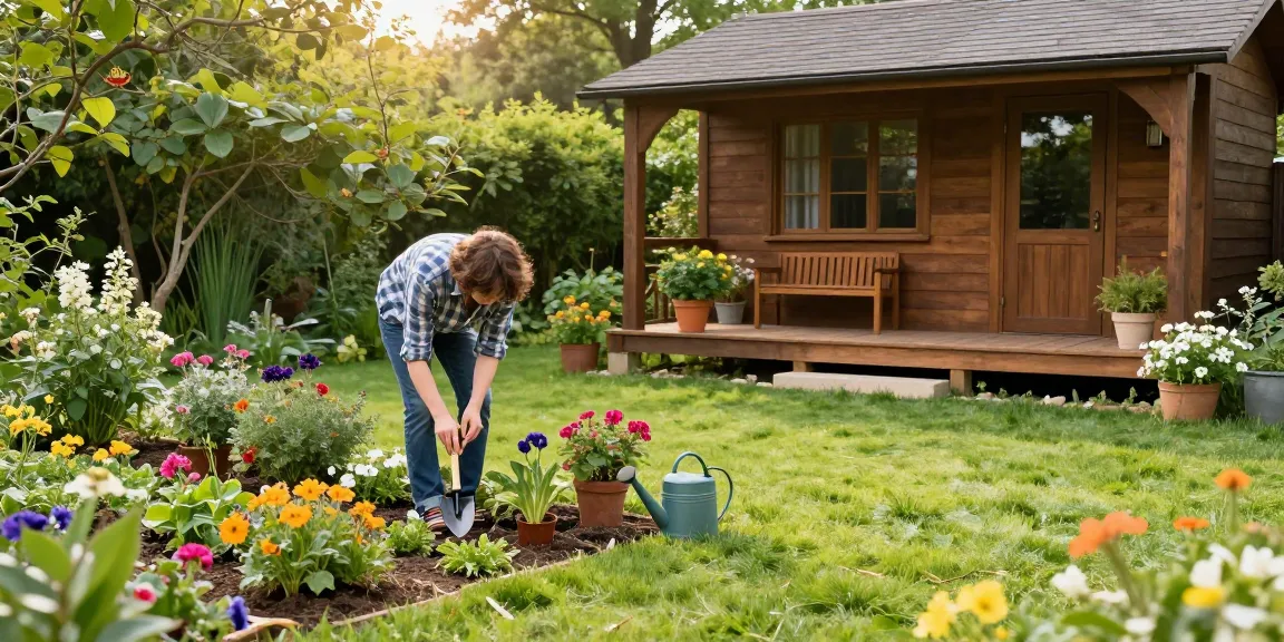 Gemütliches Gartenhaus Holz in einer grünen Oase mit blühenden Pflanzen.