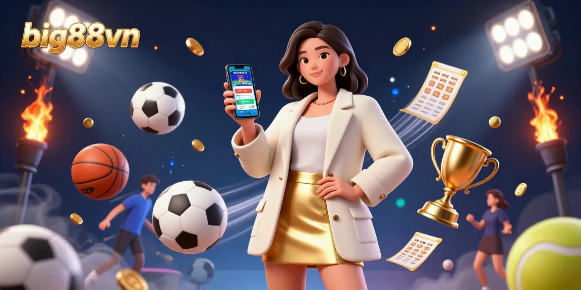 Engage with big88vn's innovative sports betting app showcasing a friendly Asian woman among dynamic sports elements.
