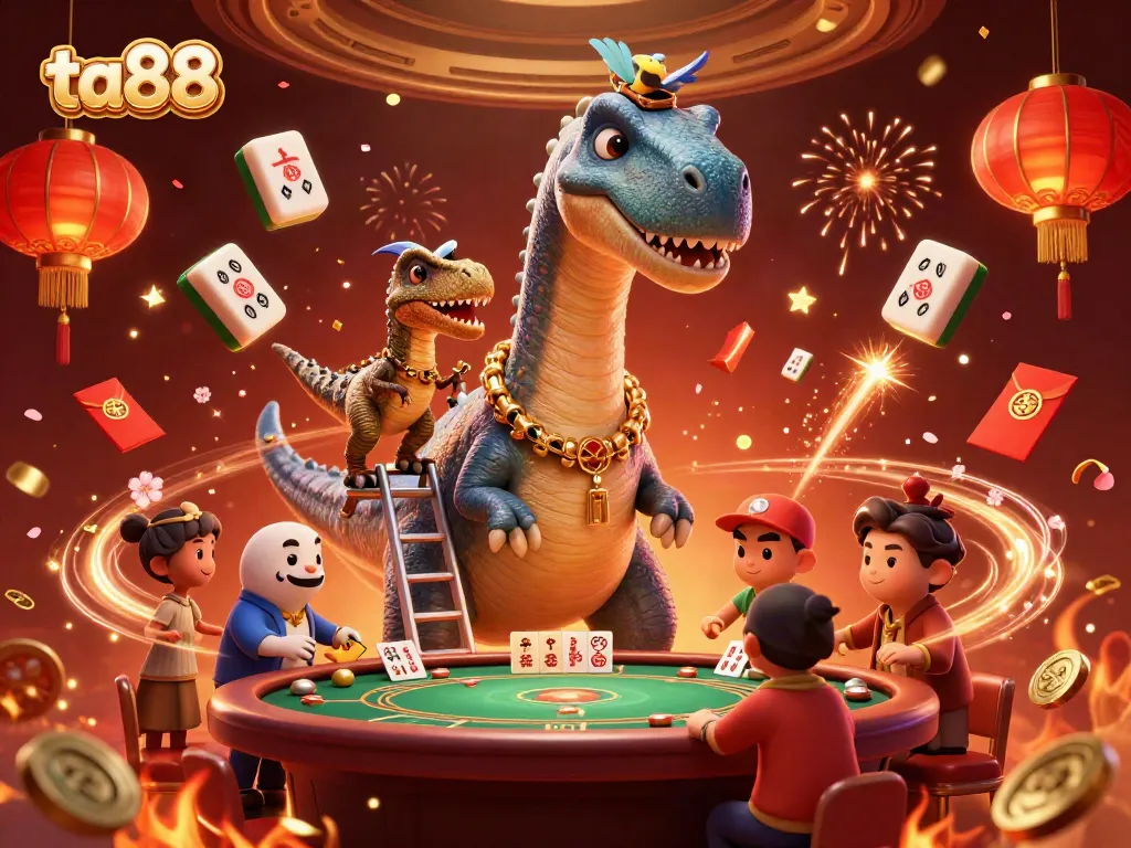 Experience thrilling bets at ta88 with a towering brontosaurus and card-dealing raptor in a vibrant casino!