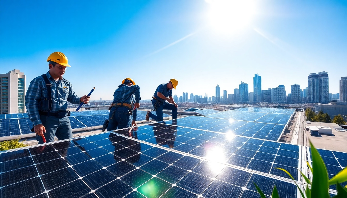 Die Installation von Photovoltaik Leads auf modernen Gebäuden mit Technikern und solaren Elementen.