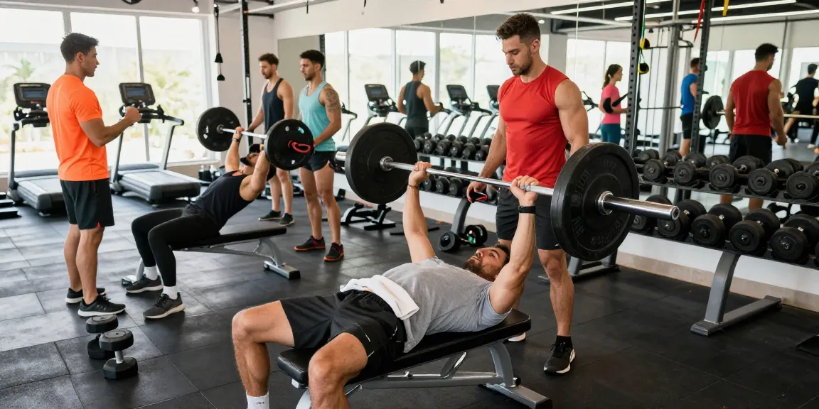 Kraftsportler bei Steroidshop, der ein intensives Bankdrücken-Workout in einem lebhaften Fitnessstudio durchführt.