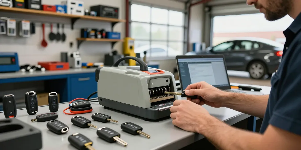 Fachmann, der verschiedene Schlüssel für Autos in der Mechaniker-Werkstatt prüft und Autoersatzteile umgibt.