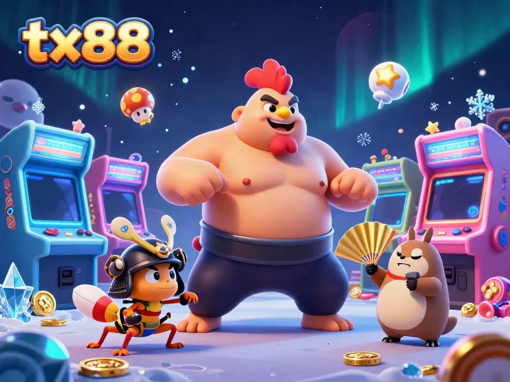 Experience thrilling gaming moments with tx88, where a sumo wrestler rooster, a cricket, and a tanuki come to life in a colorful casino.