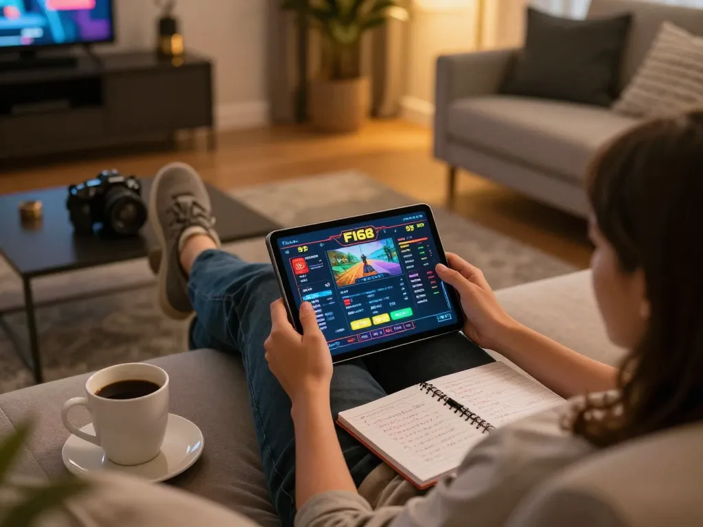 Engaging in online gaming on F168 with tablet in a cozy home setup.