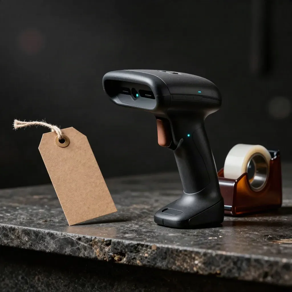 Handscanner, Palettenanhänger und Klebebandspender auf dunklem Steinsims im dramatischen Licht.