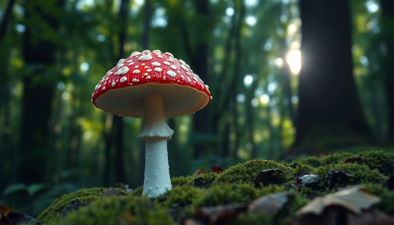 Fliegenpilz pulver in einer natürlichen Umgebung mit typischen roten Kappen und weißen Flecken.