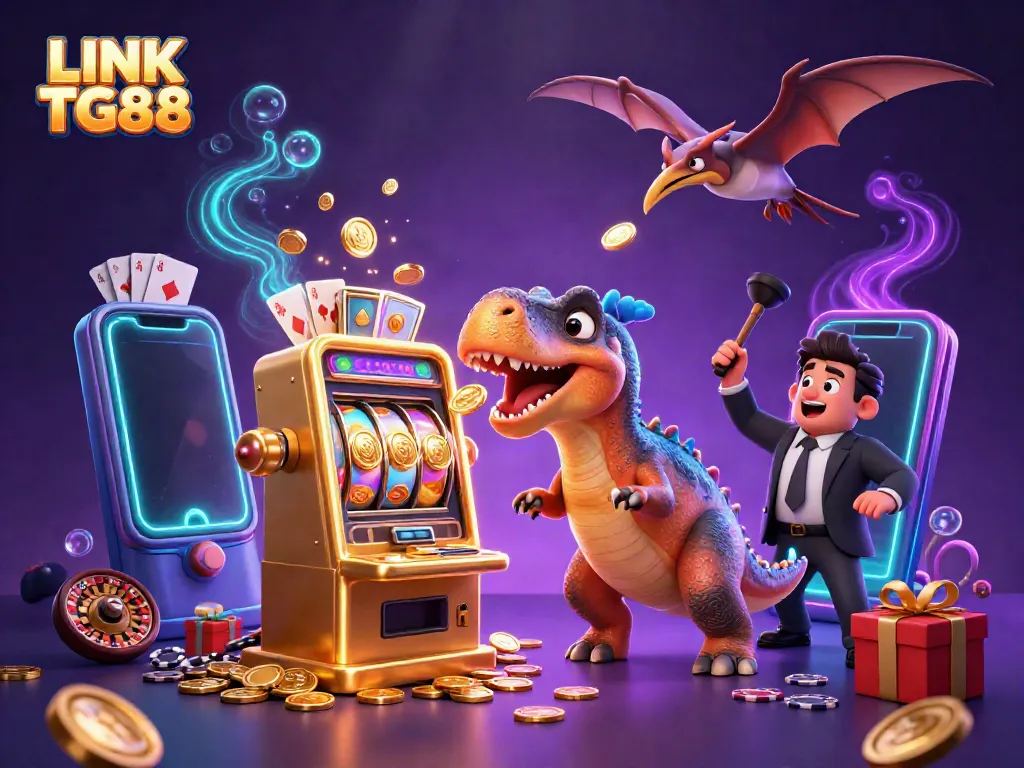 LINK TG88 showcases a cartoon dinosaur winning jackpots at a vibrant casino.