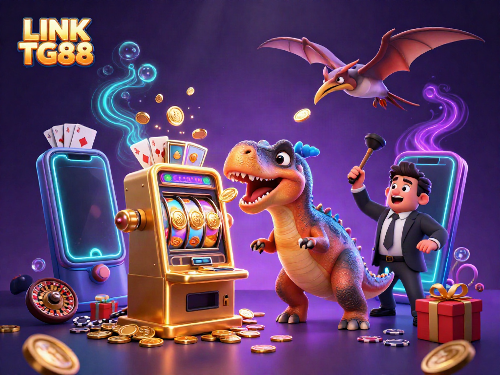 LINK TG88 showcases a cartoon dinosaur winning jackpots at a vibrant casino.