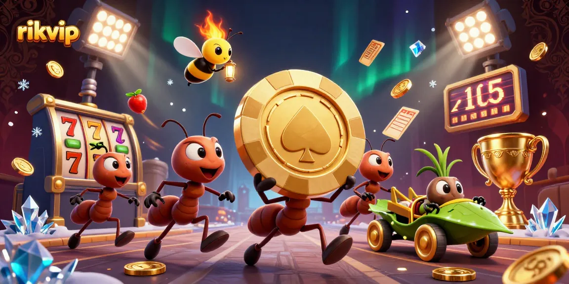 Experience the excitement of rikvip as animated ants execute a heist for a giant poker chip in a lavish casino.