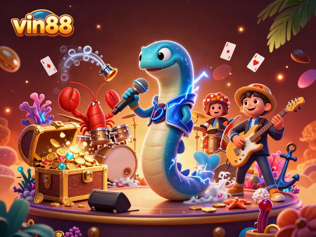 Experience vin88’s underwater casino action with a colorful DJ concert featuring playful sea creatures.