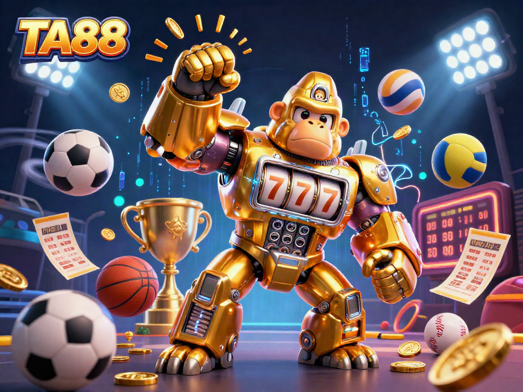 TA88 engages players with a dynamic 3D scene featuring a golden gorilla mech and sports elements bursting into action.