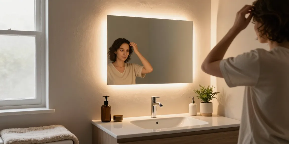 Mooie badkamer spiegel die een stijlvolle badkameropstelling weergeeft met warme verlichting en elegante decoratie.