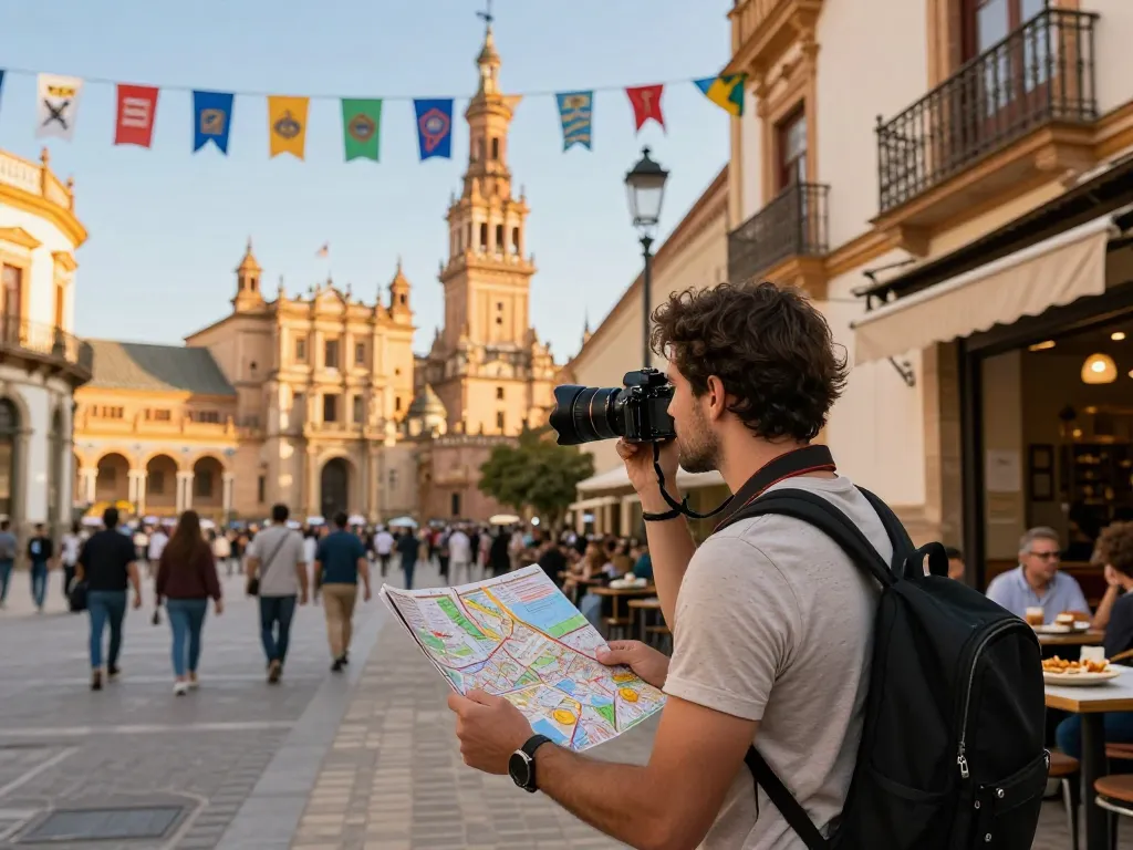 Reisetipps Sevilla: Reisender genießt die lebhaften Straßen, Sehenswürdigkeiten und die lokale Küche.