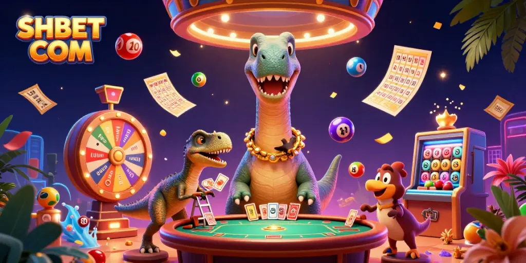 Join the fun at SHBET COM with vibrant 3D characters in a lively casino scene filled with games and excitement.