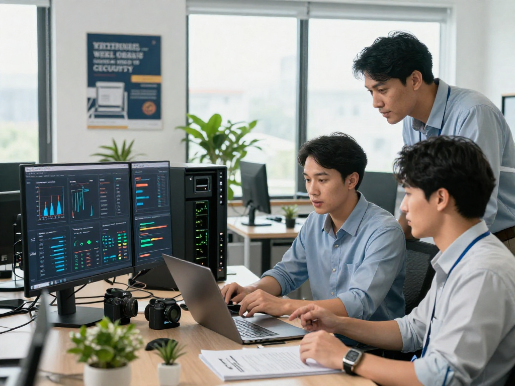 Daten- und IT-Sicherheit Dienstleistung - IT security experts collaborating in a modern workspace focused on data protection.