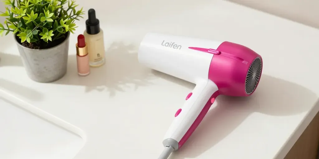 Close-up of the Laifen Mini haartrockner on a bathroom countertop with beauty products.