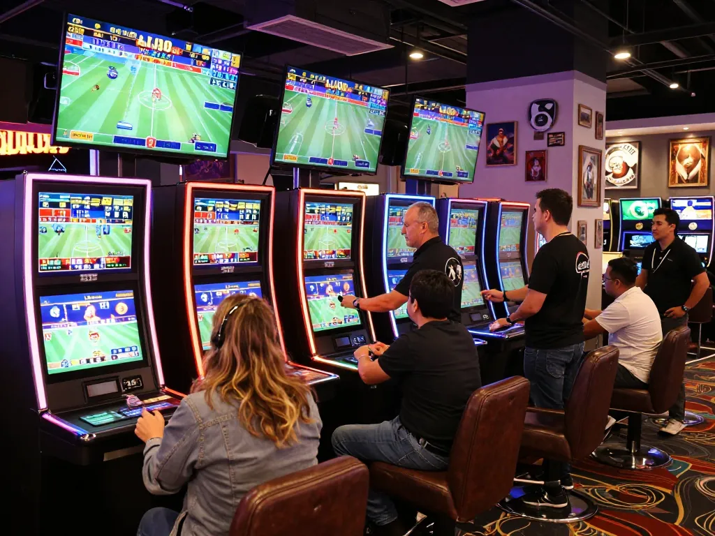 Exciting sports betting experience at open88k with patrons engaging at digital kiosks, vibrant casino atmosphere.