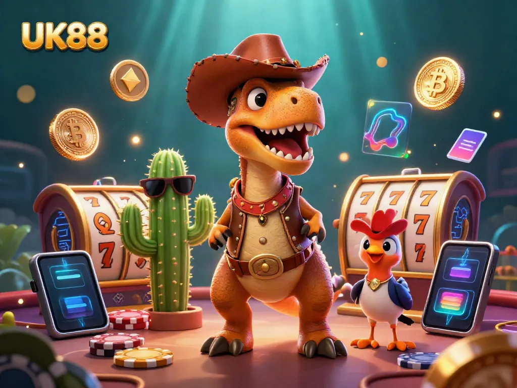 Experience thrilling action with UK88 in this dynamic 3D gaming adventure featuring a cowboy dinosaur and vibrant casino elements.
