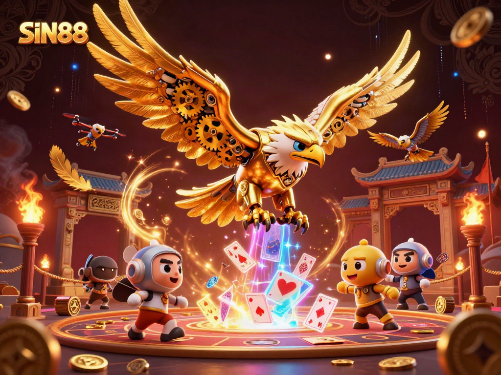SIN88 immersive betting scene featuring a cybernetic eagle diving through holographic cards, symbolizing online gambling excitement.