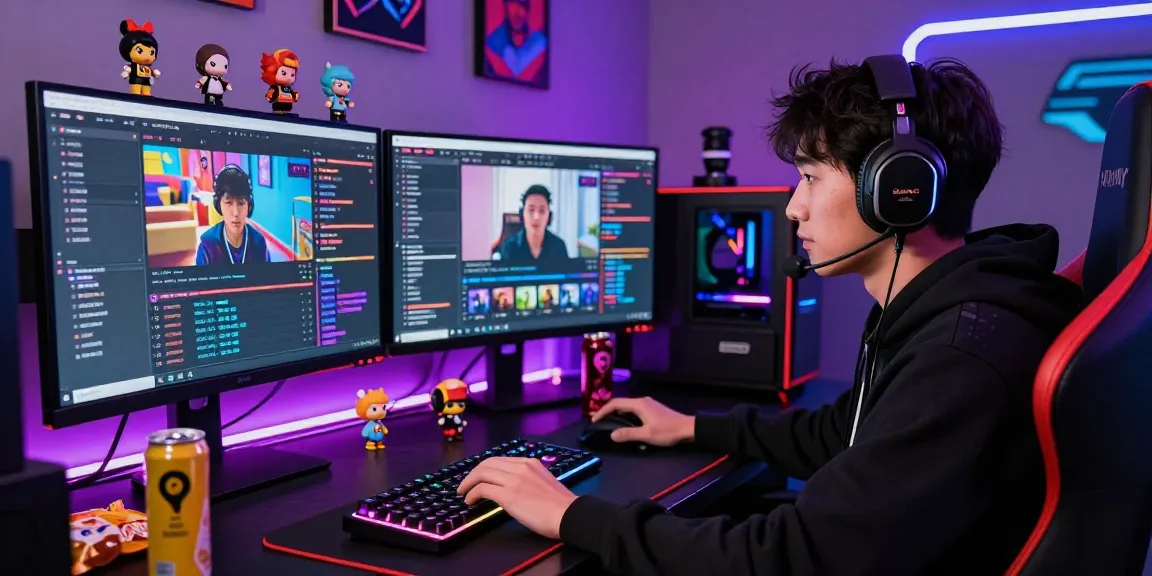 Twitch Follower kaufen in einem modern beleuchteten Gaming-Setup mit Streaming-Studio und Engagement-Statistiken.