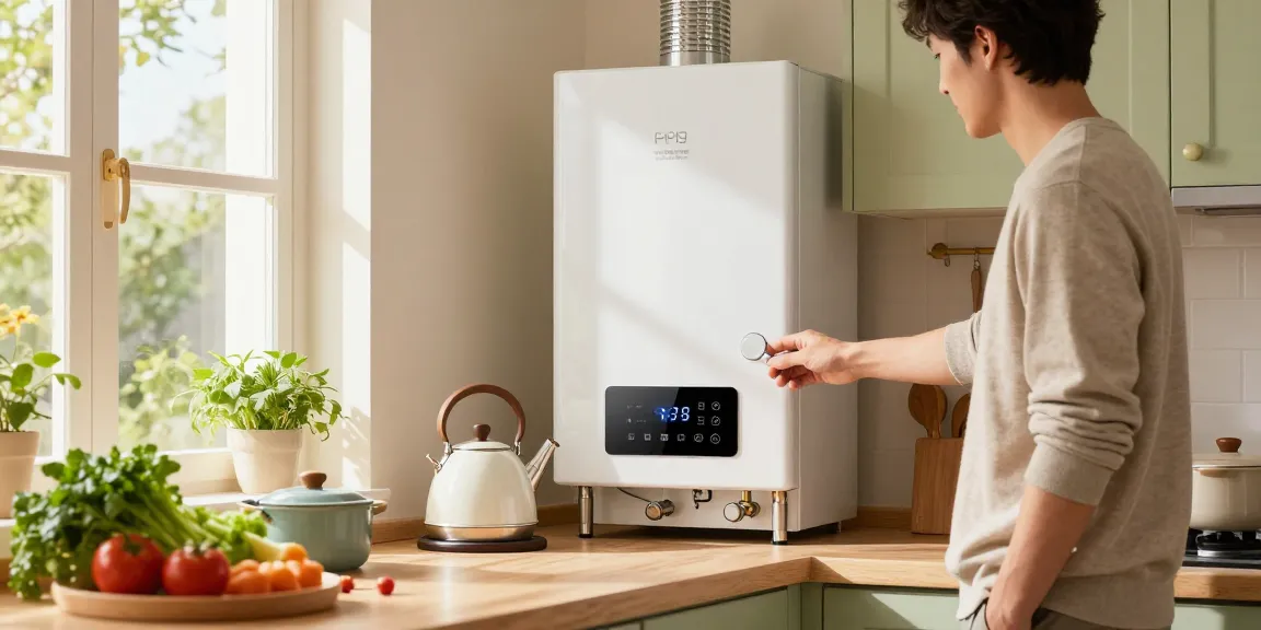 Hausbesitzer überprüft das effiziente Boiler-Warmwasser-System in einer modernen Küche.