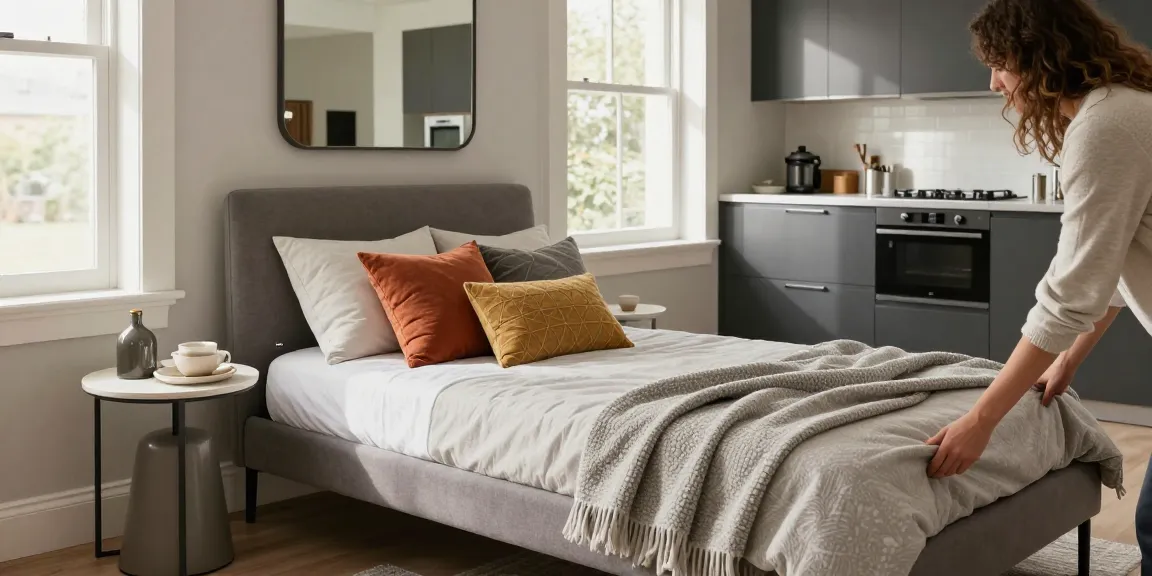möbel kaufen in einem stilvollen Schlafzimmer mit Zele-Bett, Leone-Beistelltisch und modernen Kücheneinheiten.