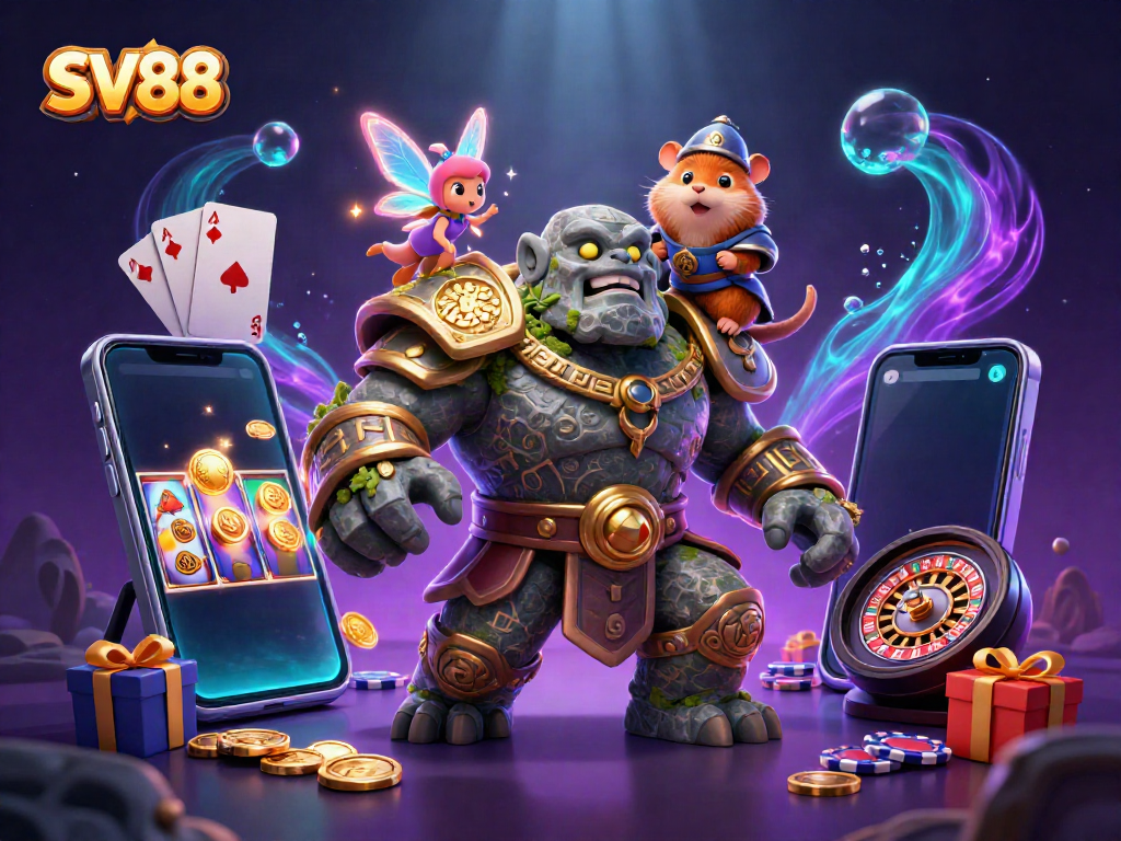 Experience the thrill of gaming at SV88 with a magical scene featuring a golem, fairy, and hamster knight.